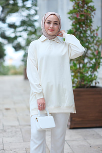 Yakası Fermuar Detaylı Sweat  Bej