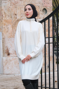 Yakası Fermuarlı Triko Kazak Krem