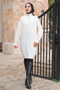 Yakası Fermuarlı Triko Kazak Krem