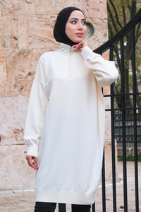 Yakası Fermuarlı Triko Kazak Krem