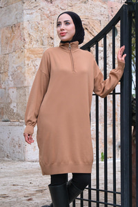 Yakası Fermuarlı Triko Kazak Vizon