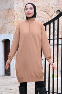 Yakası Fermuarlı Triko Kazak Vizon