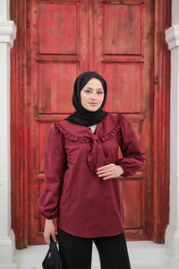 Yakası Fırfırlı Basic Gömlek Bordo