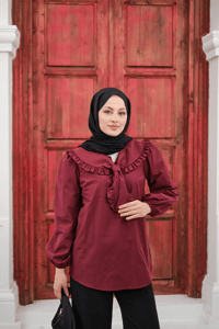 Yakası Fırfırlı Basic Gömlek Bordo