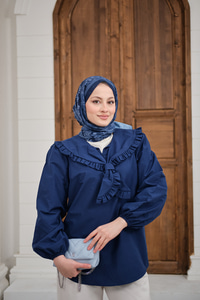 Yakası Fırfırlı Basic Gömlek Lacivert