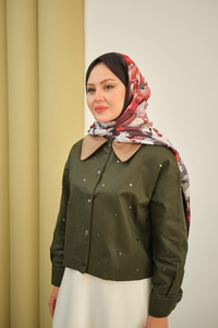 Yakası Kadife Detay Kısa Ceket Zümrüt Yeşil