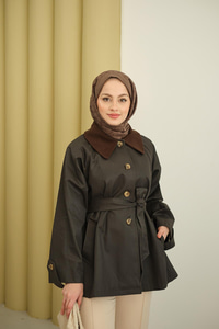 Yakası Kadife Trenç Kahverengi