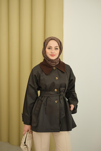 Yakası Kadife Trenç Kahverengi