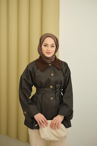 Yakası Kadife Trenç Kahverengi