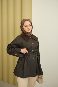 Yakası Kadife Trenç Kahverengi