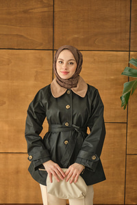 Yakası Kadife Trenç Siyah