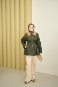 Yakası Kadife Trenç Vizon