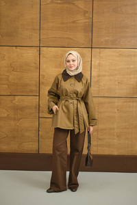 Yakası Kadife Trenç Vizon