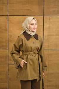 Yakası Kadife Trenç Vizon