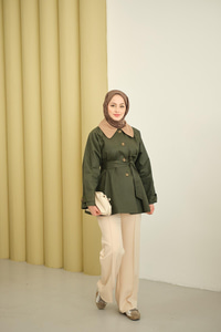 Yakası Kadife Trenç Vizon