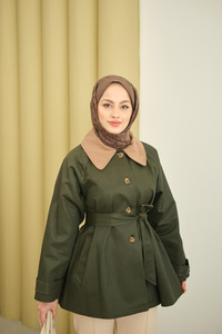 Yakası Kadife Trenç Vizon