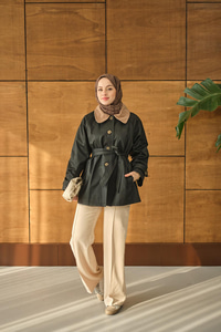 Yakası Kadife Trenç Zümrüt Yeşil