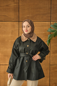 Yakası Kadife Trenç Zümrüt Yeşil