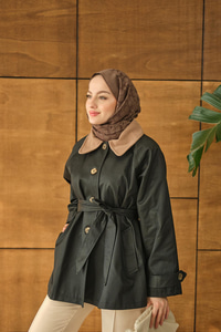 Yakası Kadife Trenç Zümrüt Yeşil