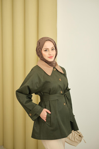 Yakası Kadife Trenç Zümrüt Yeşil