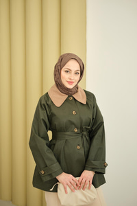 Yakası Kadife Trenç Zümrüt Yeşil