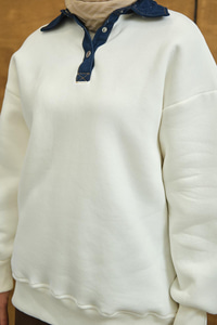 Yakası Kot Detay Sweat Beyaz