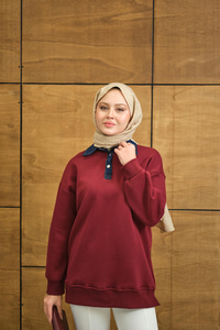 Yakası Kot Detay Sweat Bordo