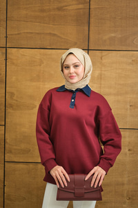 Yakası Kot Detay Sweat Bordo