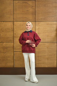 Yakası Kot Detay Sweat Bordo