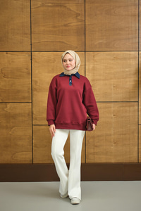 Yakası Kot Detay Sweat Bordo