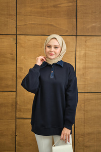 Yakası Kot Detay Sweat Lacivert