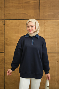 Yakası Kot Detay Sweat Lacivert