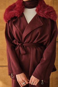 Yakası Kürk Kolları Fermuarlı Takım Bordo