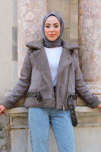 Yakası Kürklü Çapraz Fermuar Süet Kaban Gri