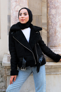 Yakası Kürklü Çapraz Fermuar Süet Kaban Siyah