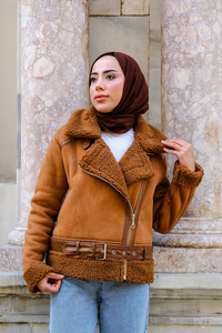 Yakası Kürklü Çapraz Fermuar Süet Kaban Taba