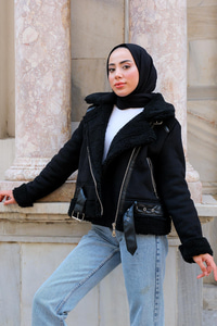 Yakası Kürklü Çapraz Fermuar Süet Kaban Siyah