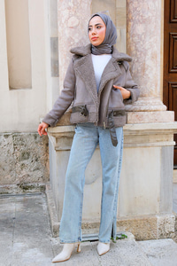 Yakası Kürklü Çapraz Fermuar Süet Kaban Gri