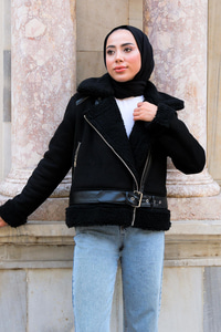 Yakası Kürklü Çapraz Fermuar Süet Kaban Siyah