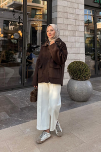 Yakası Lastik Detaylı Ceket Kahverengi