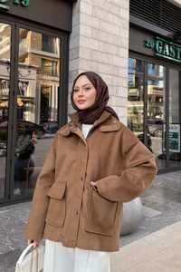 Yakası Lastik Detaylı Ceket Taba