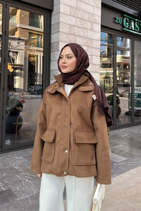 Yakası Lastik Detaylı Ceket Taba