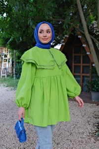 Yakası Nakış Detaylı Gömlek Fıstık Yeşil