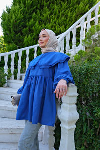 Yakası Nakış Detaylı Gömlek Saks Mavi