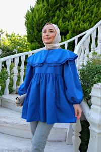 Yakası Nakış Detaylı Gömlek Saks Mavi