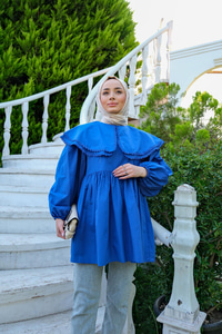 Yakası Nakış Detaylı Gömlek Saks Mavi