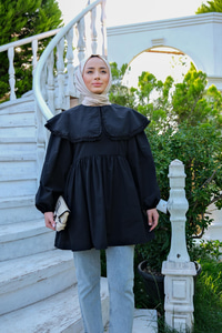 Yakası Nakış Detaylı Gömlek Siyah