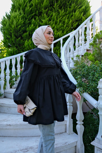 Yakası Nakış Detaylı Gömlek Siyah