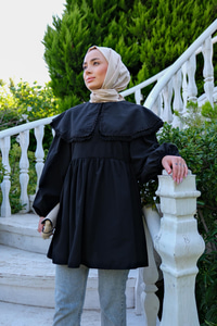 Yakası Nakış Detaylı Gömlek Siyah