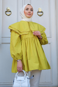 Yakası Nakış Detaylı Gömlek  Yağ Yeşil